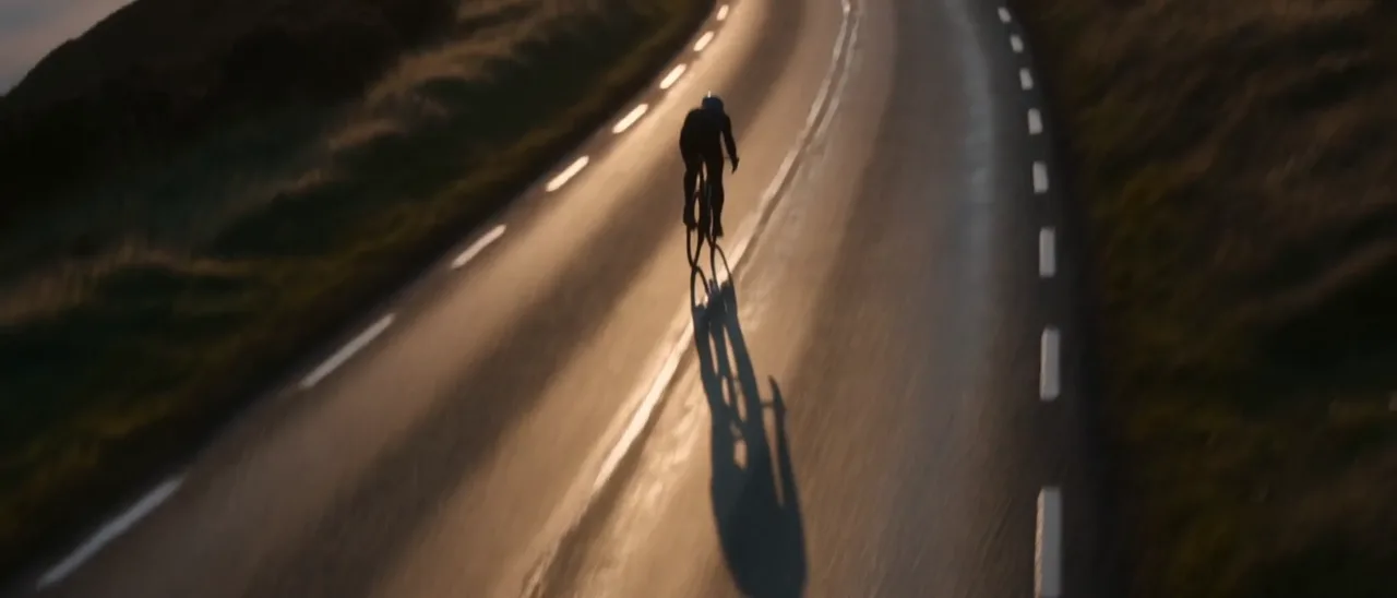 Still from an AI-generated video: Aerial shot beginning close on a lone cyclist on a coastal road at sunrise, then rising and pulling back to reveal a long headland, sea mist in the bays and the sun breaking over the ridge behind