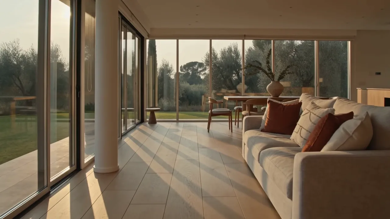 Still from an AI-generated video: Smooth gimbal walkthrough at chest height, moving forward through an open-plan living room in late-afternoon light