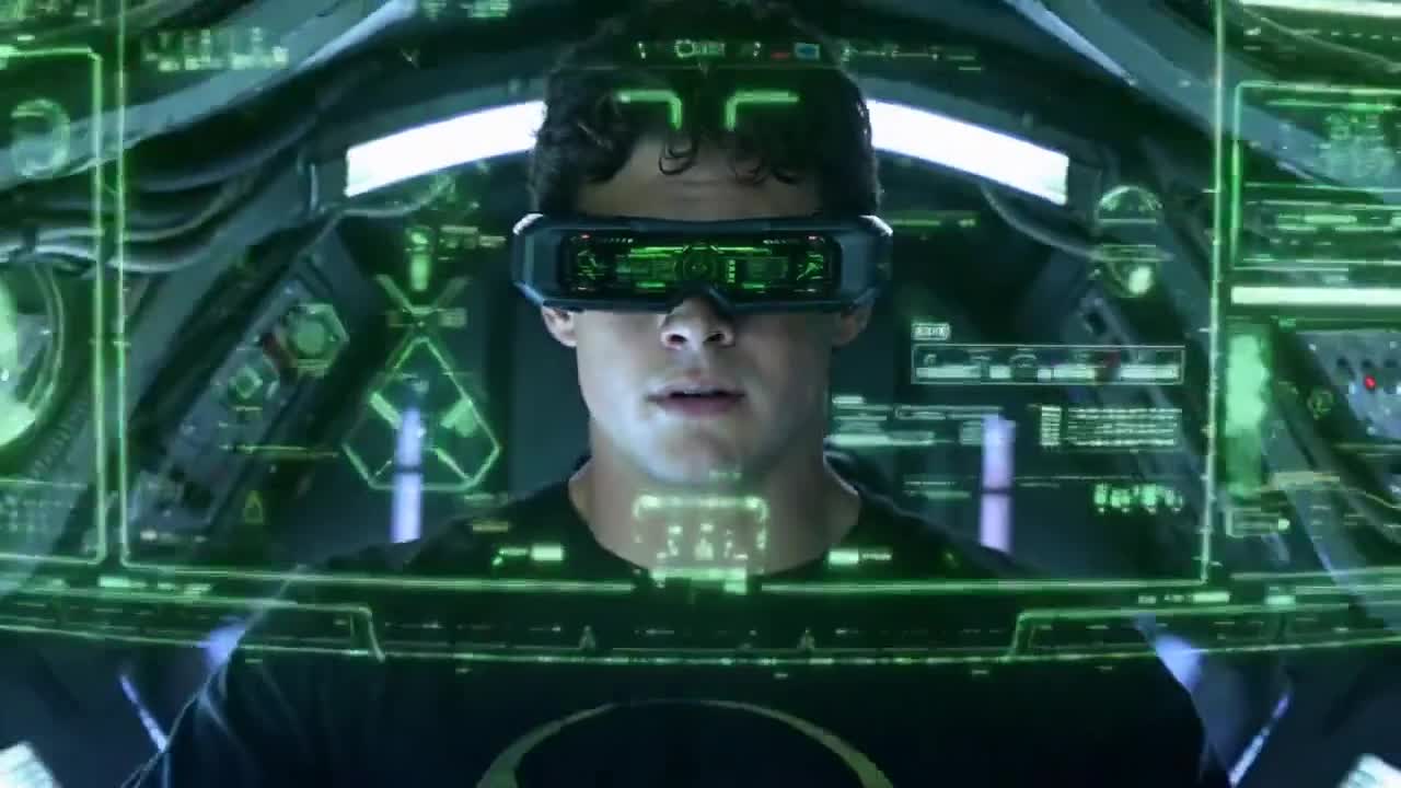 Preview reel: a pilot in a cockpit lit by green heads-up displays, the camera holding on their face as the interface flickers around them — one continuous cinematic take with synchronized ambient audio.